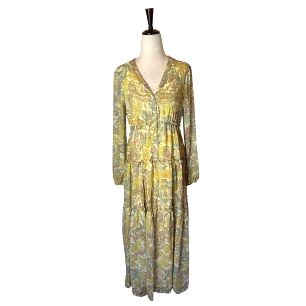 Taylor Dress Women 4 Yellow Paisley Long Sleeve‎ Tiered Maxi Boho Cottagecore
